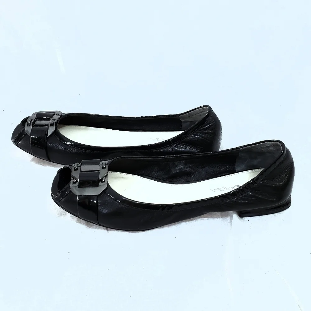 Via Spiga Black Patent Leather Peep Toe Flats